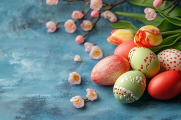 Obraz premium Colorful decorated Easter eggs arranged on blue textured surface with scattered pink flower blossoms and yellow tulips, evoking spring celebration and joy