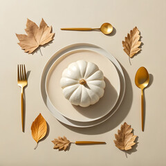 White Pumpkin With Golden Cutlery And Autumn Leaves