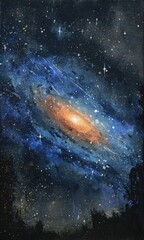 Obraz premium A swirling spiral galaxy depicted in blues, oranges, and golds against a dark, star-studded backdrop, with a silhouetted landscape at the base