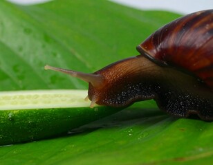 Snail Eating Cucumber on Leaves