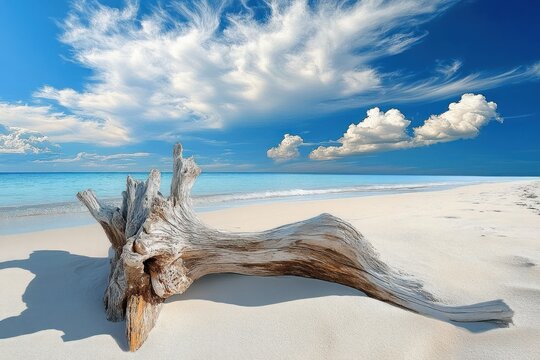 Lonely weathered driftwood lying on pristine white sandy beach under a bright blue sky with wispy and fluffy clouds during a sunny day