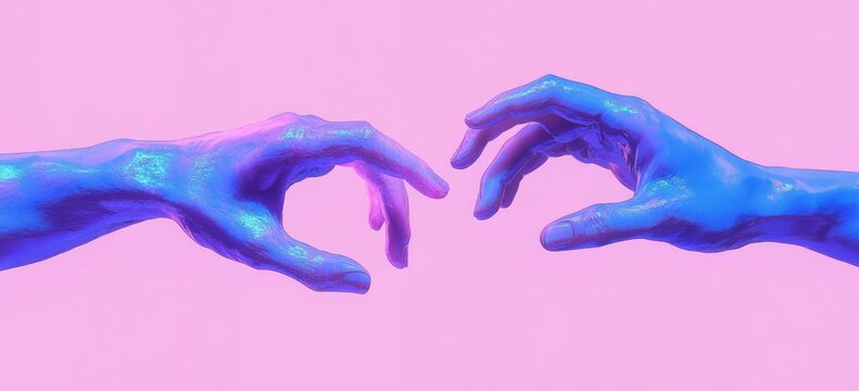 Two iridescent blue hands reaching towards each other against a soft pink background evoking connection and anticipation