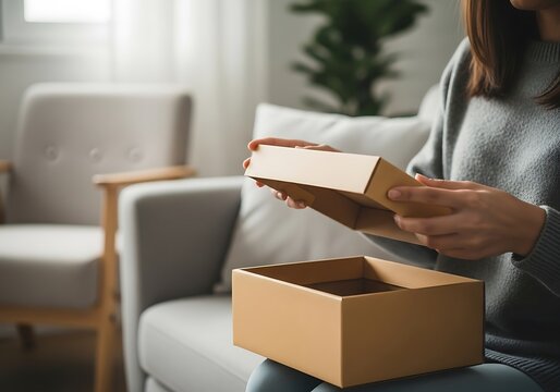 Woman Opening a Cardboard Box at Home.
