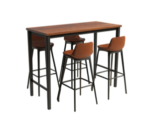 Dark-wood bar table with four tan-leather bar stools