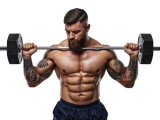 Intense muscular man with a beard lifts a barbell for bodybuilding strength training, isolated