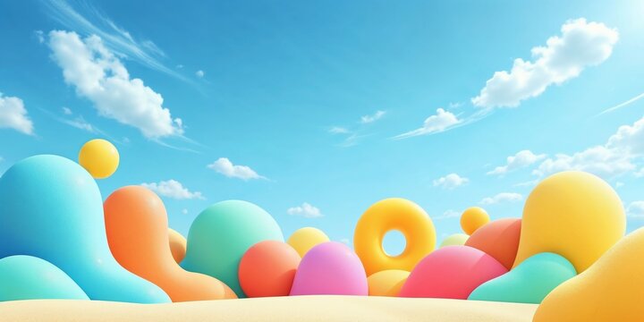 Playful abstract shapes in vivid gradients on minimal backdrop under bright summer sky with clouds