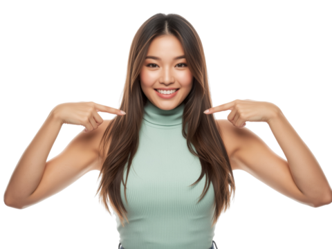 Radiant asian woman with a beaming smile pointing to her beautiful healthy hair on transparent