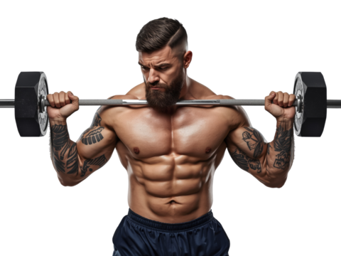 Intense muscular man with a beard lifts a barbell for bodybuilding strength training, isolated