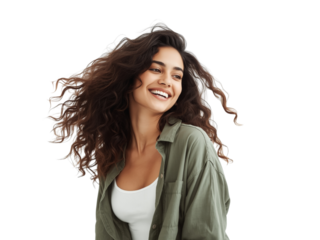 Radiant woman with voluminous curls and genuine smile, in a casual green shirt with transparent