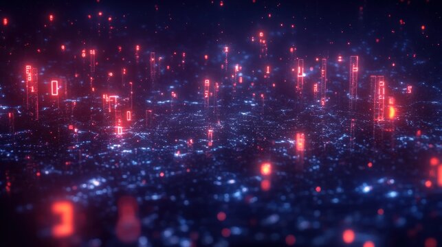 Futuristic glowing digital data points and numbers emerging from dark blue technological surface, representing advanced network or data flow - Powered by Adobe