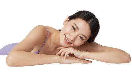 Obraz premium Portrait of a serene asian woman resting with a radiant smile on a transparent setting