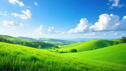Obraz premium Serene vista of rolling hills, lush green meadows under a vast blue sky, dotted with fluffy white clouds Perfect for nature, travel, and environmental themes , nature, habitat