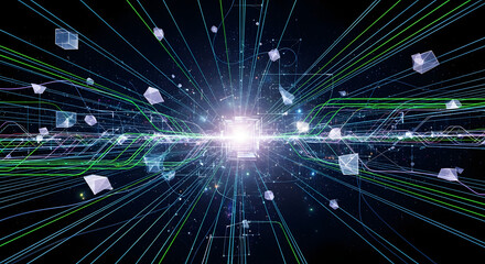 Conceptual representation of a digital big bang, with information streams and data blocks exploding outward from a central technological singularity