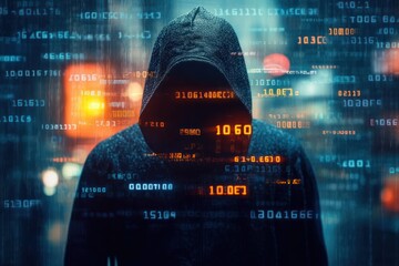 Mysterious figure in a dark hoodie surrounded by floating glowing digital code in a dark, futuristic environment conveying secrecy and hacking