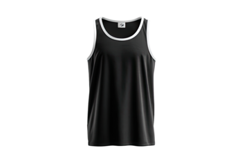 Front view of a plain black sleeveless top, featuring a white trim around the neckline