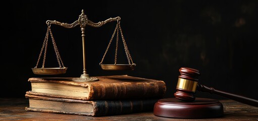 Old leather-bound books stacked with antique brass balance scale and wooden judge gavel on dark wooden surface conveying justice and law theme