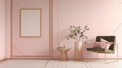Minimalist Pastel Dreams: A Serene Room Adorned with Gold Frames and Subtle Geometric Shapes.