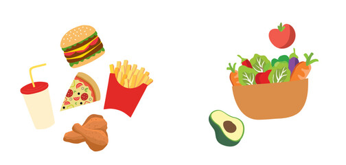 Good and bad food nutrition between fast food and healthy food vector illustration