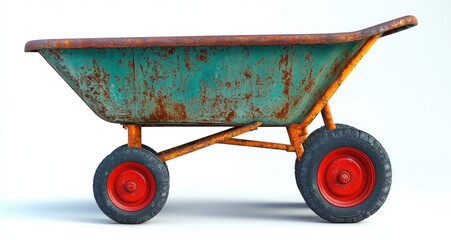 old rusty metal wheelbarrow with turquoise body and red wheels isolated on white background