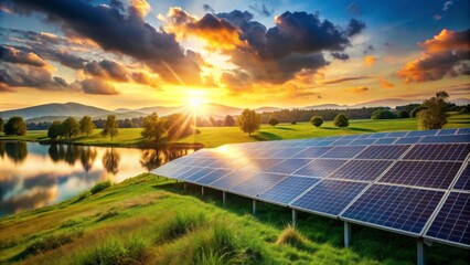 Sunset Over Solar Panels and Serene Landscape with Reflection