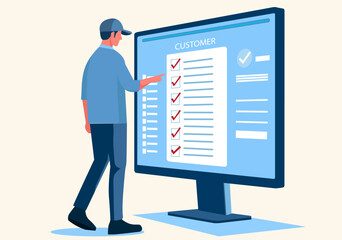 Flat illustration of a clerk checking customer orders in digital format.