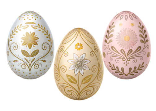 Luxury Easter eggs PNG set –  metallic gold, silver and pastel decorated eggs, isolated transparent background