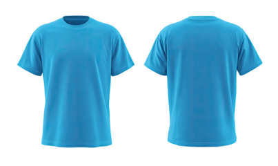Front and back view of a light teal/blue t-shirt.  Blank,  mockup,  men's style, short sleeve