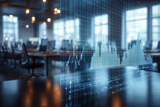 Modern office workspace with transparent digital financial graphs and charts overlay showing data analytics and business trends