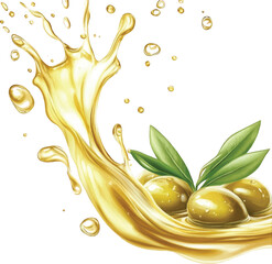 Golden olive oil splash with olives and leaves on white background