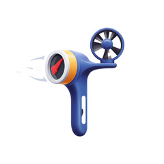 A rendered illustration of a handheld blue and yellow anemometer, a meteorological instrument used for measuring wind speed, isolated on a black background.