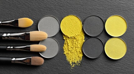 Makeup brushes & colorful eyeshadow pans on a dark surface