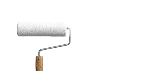 A white paint roller with a wooden handle