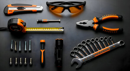 Tools Array: Construction and Repair Equipment on Dark Backdrop