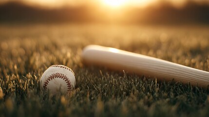 baseball bat and ball on grassy field in golden sunlight