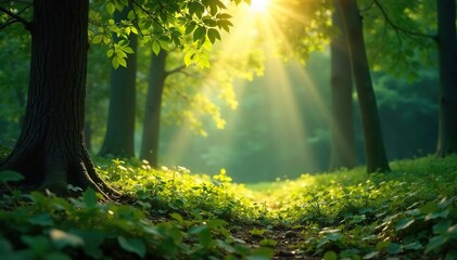 Fototapeta premium Serene nature scene perfect for meditation; sunlight filters through leaves onto tranquil forest floor, creating a peaceful atmosphere ideal for mindfulness and relaxation , earth, branches, moss