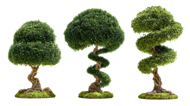 Tranquil collection of topiary art, meticulously shaped trees showcasing horticultural creativity