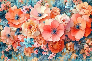 Bright and vibrant bouquet of various flowers including large peach and coral blossoms with delicate blue and pink accents expressing beauty and freshness