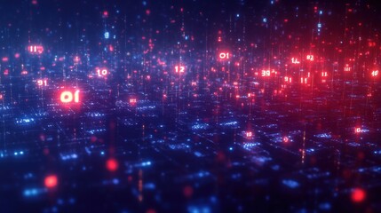 Digital landscape with glowing red and blue binary numbers floating above a dark grid representing data flow and advanced technology