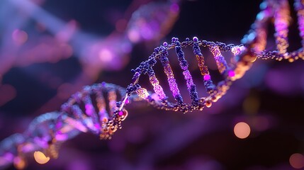 3D - rendered RNA polymerase binding to promoter region, transcription factor action pathways labeled beside, background is laboratory purple light source