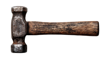 A close up of a ball peen hammer with a wooden handle on a white background