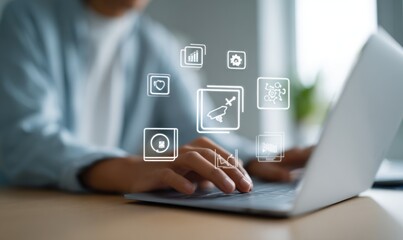 Close-up of hands typing on a laptop with translucent icons hovering above the keyboard, depicting different symbols related to digital tasks