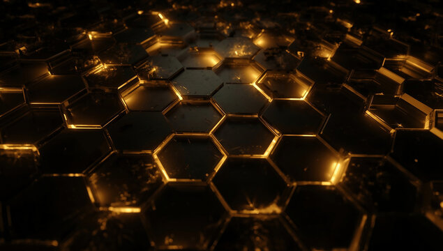 Glowing Golden Hexagonal Pattern: Abstract Geometric 3D Background Texture with a Futuristic Digital Design