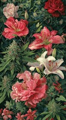 A densely packed, vibrant, oil painting-style depiction of assorted blooming flowers in shades of red, pink, and white, interspersed with cannabis plants