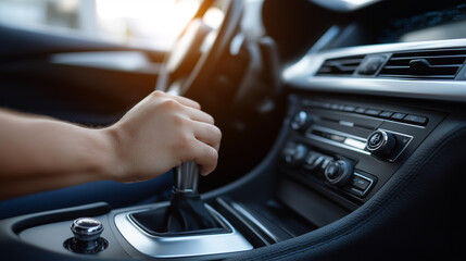 Obraz premium Close-up of a hand shifting manual gear stick inside modern car interior. 