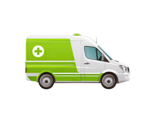 Side view of a stylized ambulance van.  Bright colors