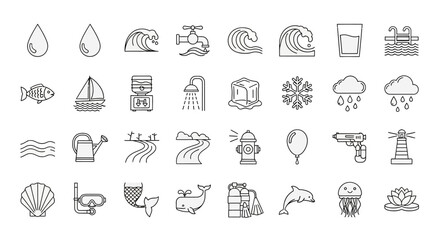 Collection of water-related line icons: drops, waves, fish, ice, rain, and more.