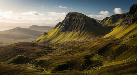 Scenic landscape featuring rolling green hills and rocky cliffs under a partly cloudy sky, with distant mountains visible in the background.