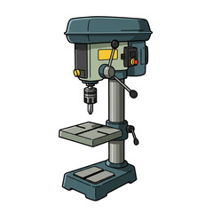 A detailed cartoon illustration of a stationary drill press power tool, featuring a chuck, worktable, and base, isolated on a transparent background.