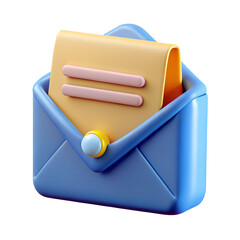 3D Mail Envelope with Letter icon Isolated on White Background in plastic cartoon style