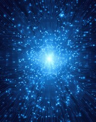 Abstract digital artwork depicting a bright, glowing core emanating energy along circuit board pathways, creating a futuristic, high-tech effect with blue hues and sparkling particles